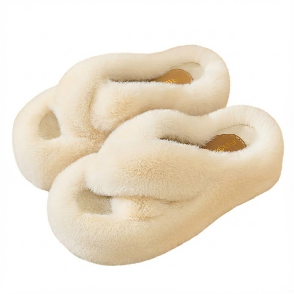 Women's Fluffy Faux Fur Cross Band Platform Slippers